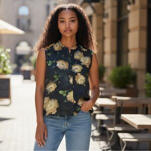 Elie Tahari Black Sleeveless Floral Button-Front Camisole with Yellow Roses